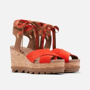 SOREL Joanie II High Ankle Lace Wedge Sandals 9.5 Orange Cork Sporty Gladiator